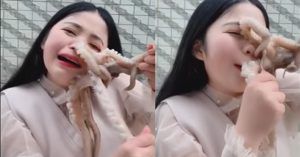 Si filma mentre tenta di mangiare un polpo vivo, ma viene attaccata al volto – Il filmato