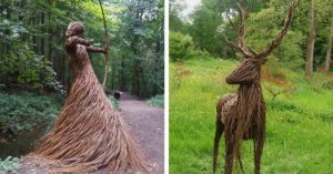 L’artista riempie la foresta con sculture a grandezza naturale realizzate con bacchette di salice intrecciate