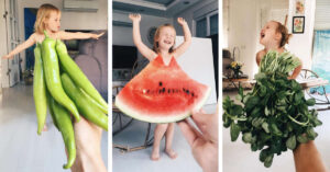Questa mamma usa l’illusione ottica per “vestire” sua figlia con frutta, verdura e fiori. (16 FOTO)