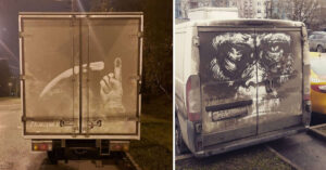 21 Foto dell’artista che crea opere d’arte con lo sporco dei veicoli