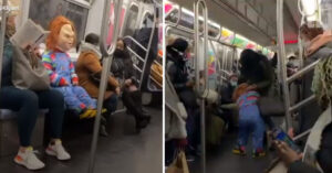 Una bambola Chucky attacca senza pietà le persone che non indossano la mascherina in metro