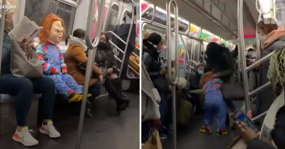 Una bambola Chucky attacca senza pietà le persone che non indossano la mascherina in metro Una bambola Chucky attacca senza pietà le persone che non indossano la mascherina in metro