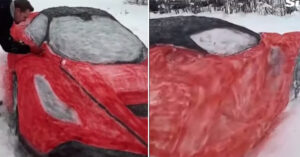 Una coppia crea una replica spettacolare di una Ferrari usando la neve: “Se non puoi comprarla, costruiscila gratis”