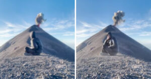 Un turista registra il momento in cui un vulcano erutta durante la sua sessione di meditazione