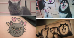 16 animali domestici tatuati in stile cartone animato sulla pelle dei loro padroni da una talentuosa tatuatrice