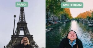 16 foto di una strana travel influencer, il suo mento è l’eroe delle sue avventure su Instagram