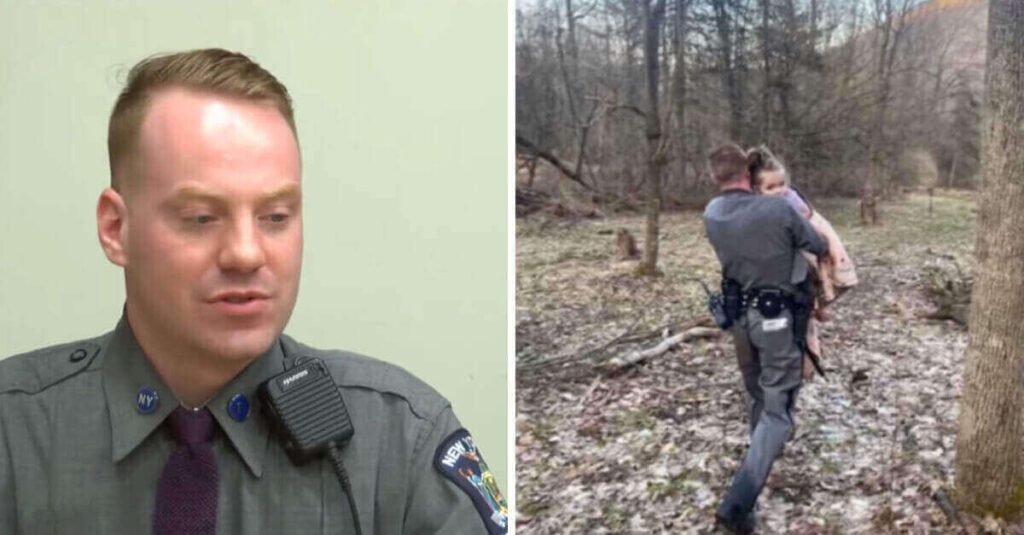 L’agente di polizia trova la bambina scomparsa che si aggrappa a lui e si rifiuta di lasciarlo andare