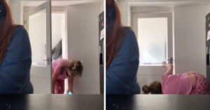 La donna non riesce a chinarsi per evitare di essere ripresa dalla riunione su Zoom di sua figlia; il video divertente diventa virale