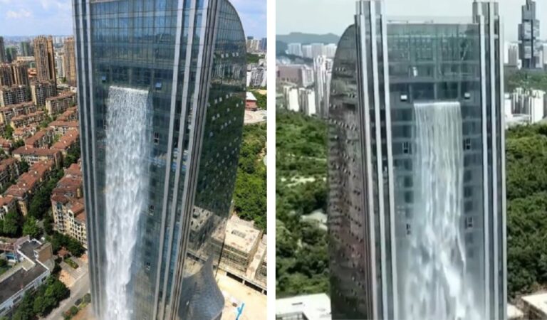 A Guiyang in Cina la cascata più alta del mondo che sgorga da un grattacielo A Guiyang in Cina la cascata più alta del mondo che sgorga da un grattacielo