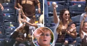 La mamma fa un’incredibile cattura durante la partita di baseball con il bambino in braccio. Il video diventa virale