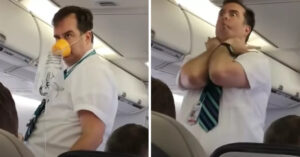 L’aereo si riempie di risate quando l’assistente di volo offre un’esilarante dimostrazione di sicurezza