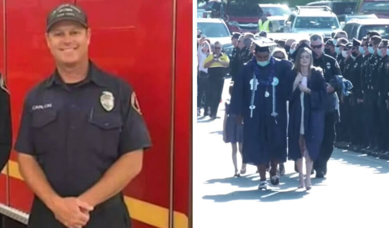 La figlia riceve il diploma indossando la giacca del padre deceduto. 300 dei suoi colleghi, vigili del fuoco, hanno partecipato alla sua laurea La figlia riceve il diploma indossando la giacca del padre deceduto. 300 dei suoi colleghi, vigili del fuoco, hanno partecipato alla sua laurea