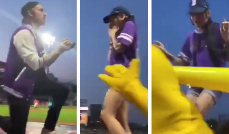 Le fa la proposta durante una partita di baseball, ma lei scappa Le fa la proposta durante una partita di baseball, ma lei scappa