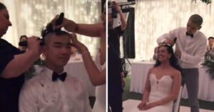 Gli sposi si radono la testa durante il matrimonio per solidarietà alla madre della sposa malata di cancro