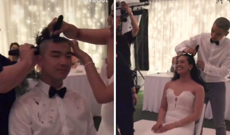 Gli sposi si radono la testa durante il matrimonio per solidarietà alla madre della sposa malata di cancro Gli sposi si radono la testa durante il matrimonio per solidarietà alla madre della sposa malata di cancro