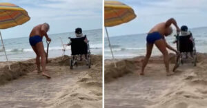 Sua madre è sulla sedia a rotelle e lui ha costruito un sentiero nella sabbia per avvicinarla al mare