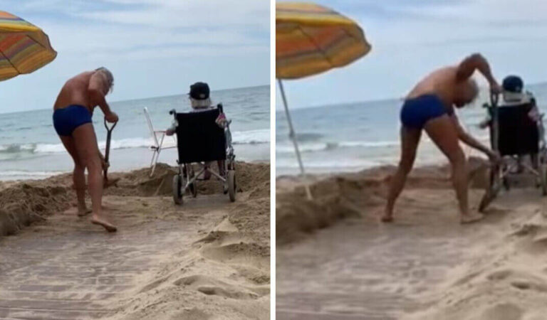 Sua madre è sulla sedia a rotelle e lui ha costruito un sentiero nella sabbia per avvicinarla al mare Sua madre è sulla sedia a rotelle e lui ha costruito un sentiero nella sabbia per avvicinarla al mare