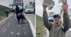 Centinaia di sacchi di banconote cadono su un’autostrada e i pedoni intasano il traffico fermandosi a raccoglierle