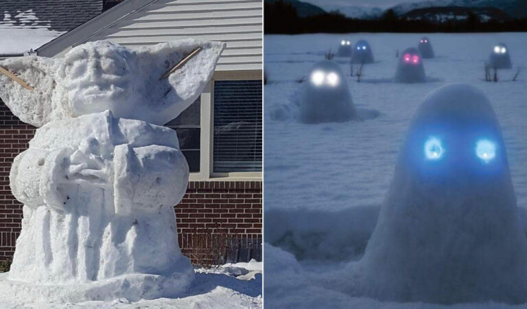 17 persone che invece dei soliti  pupazzi di neve hanno realizzato delle sculture follemente creative