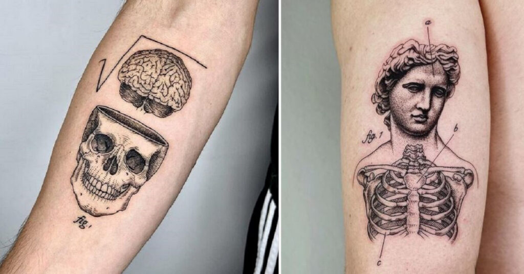 14 tatuaggi monocromatici che sembrano schizzi di riviste mediche e scientifiche