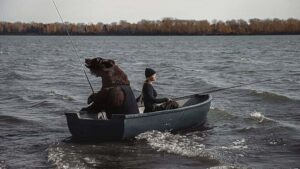 La giovane pesca con un grosso orso bruno per dimostrare che non è pericoloso