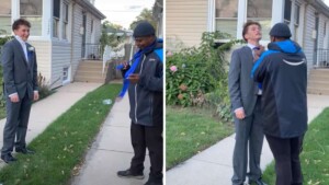 Il gestore delle consegne amazon fa la differenza: assistendo un adolescente di Chicago a indossare la cravatta per il ballo di fine anno