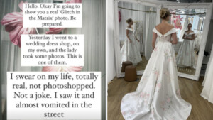 Posta una foto in vestito da sposa, ma il riflesso dello specchio dell’iphone rivela tre ‘persone’ diverse