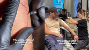 Si fa tatuare sul braccio l’impronta dei denti lasciata dalla sua fidanzata: diverse le reazioni sui social