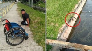Video mostra un uomo con disabilità abbandonare la propria sedia a rotelle per salvare un gattino in pericolo di annegamento