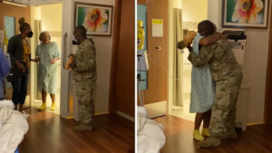 Il soldato si presenta a sorpresa davanti alla moglie in ospedale, poche ore prima che nasca il loro bambino.